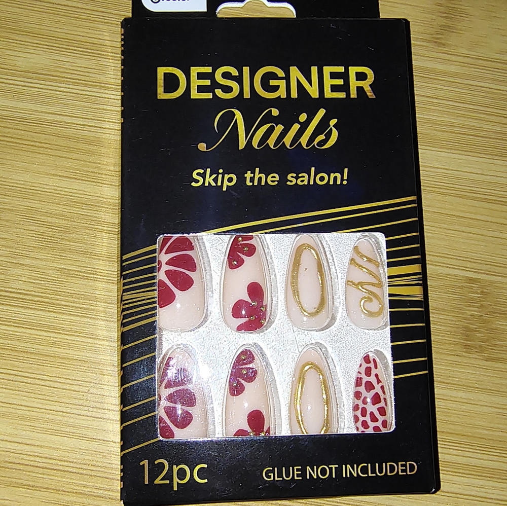 3/$15 Press on Acrylic Nails Gold Red Flower Floral style Design Almond Shaped